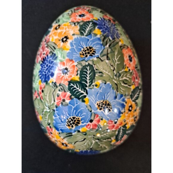 Polish Pottery Floral Egg Trinket Box Boleslawiec Hand Painted 1 QTY 5 - Picture 1 of 8